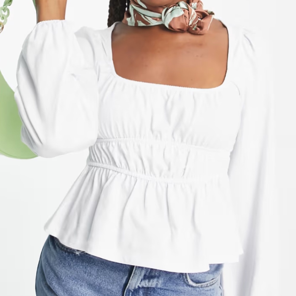 ASOS DESIGN Shirred Waist Long Sleeve White Top